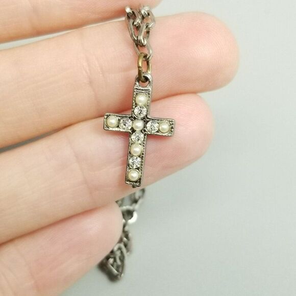 Vintage Rhinestone Cross Charm Bracelet, Silver Tone, Clasp Marked Ster - Picture 7 of 7